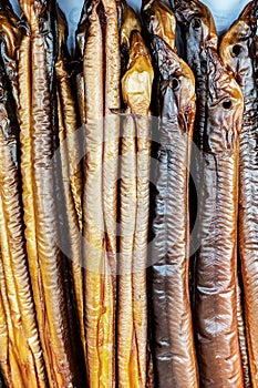 Smoked eels freshly prepared and ready to eat.