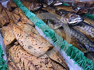 Smoked fish fillets in Grandville Market, Grandville Island, Vancouver, British Columbia, Canada