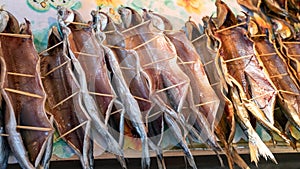 Smoked fish omul at the street market.