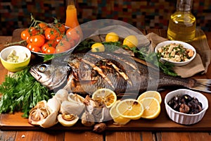 smoked fish platter spread with accompaniments