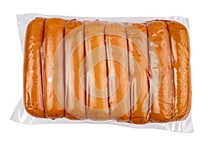 Smoked german sausages in package, top view, package of sausages isolated on white