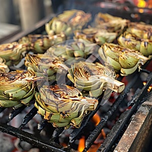 Smoked grilled artichokes on a wood-fired gril. Traditional cuisine of Naples, Italy.