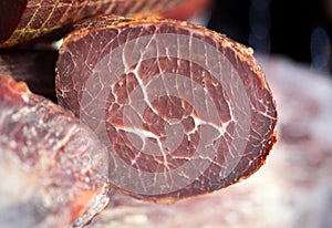 Smoked ham or beef showed at store window