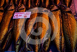 Smoked mackerel at a market