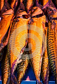 Smoked mackerel at a market