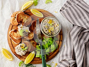 Smoked mackerel rillettes with croutons and celery .top veiw