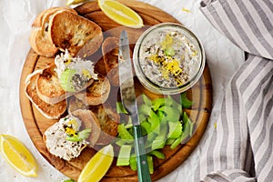 Smoked mackerel rillettes with croutons and celery .top veiw