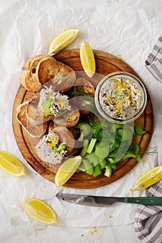 Smoked mackerel rillettes with croutons and celery .top veiw