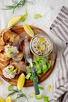 Smoked mackerel rillettes with croutons and celery .top veiw