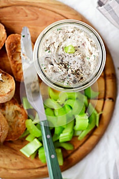 Smoked mackerel rillettes with croutons and celery .top veiw