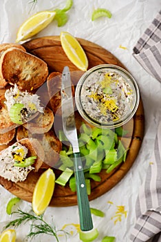 Smoked mackerel rillettes with croutons and celery .top veiw