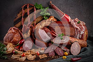 smoked meat and sausages in assortment