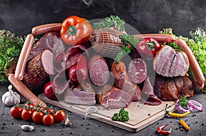 Smoked meat and sausages in assortment