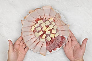 Smoked Meat and Sausages served with Cheese on the plate