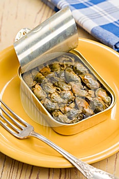 Smoked mussels in opened tin can