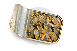 Smoked mussels in opened tin can