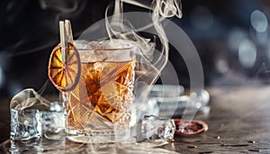 Smoked old fashioned rum cocktail with cubes of ice around on a dark background