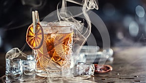 Smoked old fashioned rum cocktail with cubes of ice around on a dark background photo