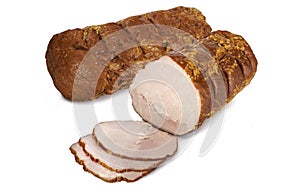 Smoked pork loin - in one piece and sliced, isolated on a white background. Polish cold cuts, a packshot photo.