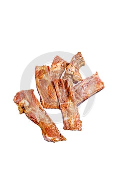 Smoked pork ribs. Barbeque spicy spareribs. BBQ food. Isolated on white background. Top view.