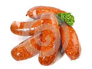 Smoked Pork Sausages with Cale on white Background - Isolated