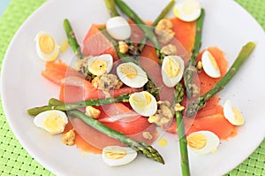 Smoked salmon with asparagus and quail eggs