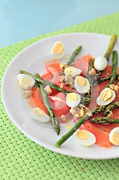 Smoked salmon with asparagus and quail eggs