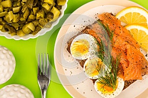 Smoked Salmon With boiled Eggs Open Face Sandwich On Rye Bread W