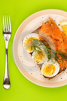 Smoked Salmon With boiled Eggs Open Face Sandwich On Rye Bread W