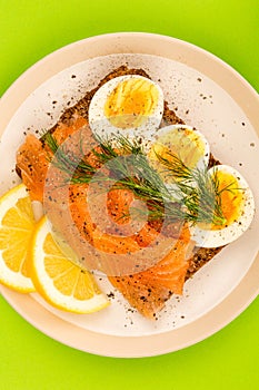 Smoked Salmon With boiled Eggs Open Face Sandwich On Rye Bread W