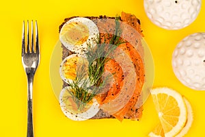 Smoked Salmon With boiled Eggs Open Face Sandwich On Rye Bread W