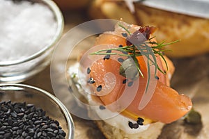 Salmon Canape with Cream Cheese, Fresh Dill and Black Sesame