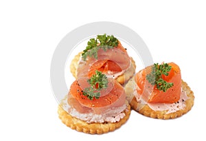 Smoked salmon and cream cheese on crackers