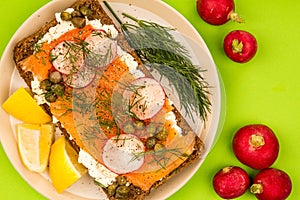 Smoked Salmon With Cream Cheese and Radishes Open Face Rye Bread