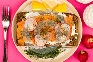 Smoked Salmon With Cream Cheese and Radishes Open Face Rye Bread