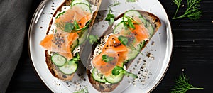 Smoked salmon, cucumber, and cheese sandwiches on a white plate