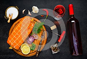 Smoked Salmon Fish With Glass and Bottle Wine