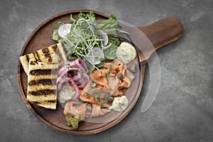 Smoked salmon gourmet scandinavian food appetizer platter in sweden restaurant