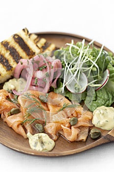 Smoked salmon gourmet scandinavian food appetizer platter in sweden restaurant