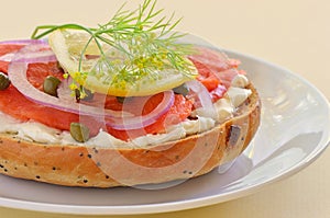 Smoked salmon lox on Asiago cheese bagel