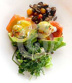 Smoked Salmon Lox Eggs Benedict Avocado Vegetables Salad