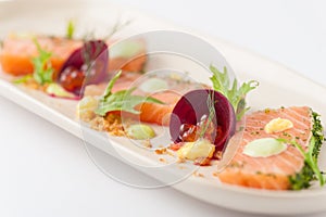 Smoked salmon in modern cuisine style