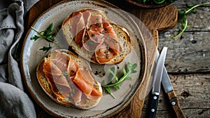 Smoked Salmon Open Sandwiches on Rustic Wooden Table