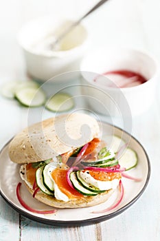 Smoked salmon sandwich with cucumber and cream cheese