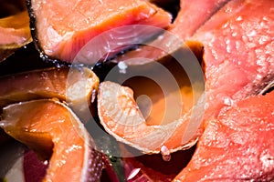 Smoked salmon slised on dinner table