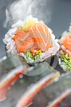 Smoked salmon in sushi served in a restaurant