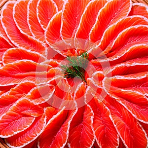 Smoked salmon Thinly sliced pink smoked salmon arranged in a delicate rosette