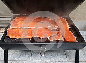 Smoked salmon trout fillets in barbecue