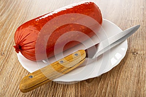 Smoked sausage, knife in white plate on table