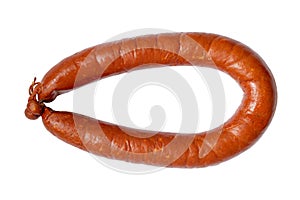 Smoked sausage ring on a white background.